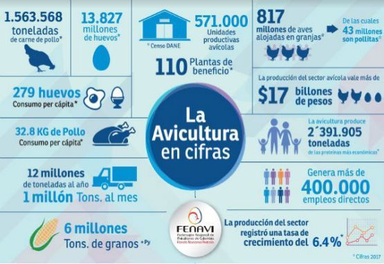 La avicultura colombiana en cifras, fuente: FENAVI. Datos 2017.